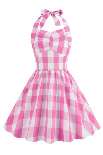 Halter Plaid ærmeløs pink vintage pige kjoler